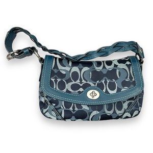 Coach Shoulder Bag Purse, Blue All Over Logo, Leather Strap, Women’s, Like-New